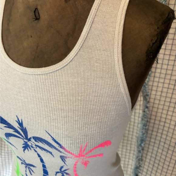 Vintage 80s Gray Rainbow Print Bahamas Palm Tree Ribbed Tank Top Screen Stars L - Picture 4 of 8